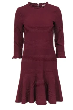 Shoshanna - Maroon Textured Ruffled Sheath Dress w/ Flounce Hem Sz 4