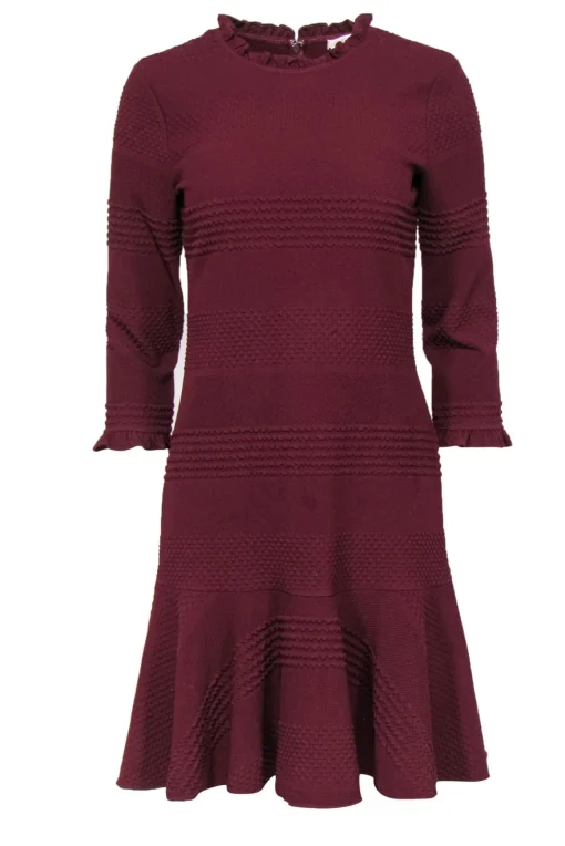 Shoshanna - Maroon Textured Ruffled Sheath Dress w/ Flounce Hem Sz 4