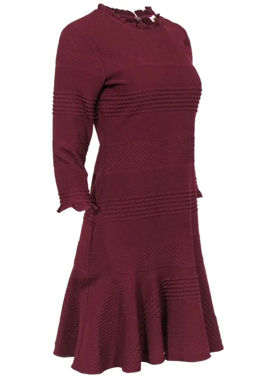 Shoshanna - Maroon Textured Ruffled Sheath Dress w/ Flounce Hem Sz 4