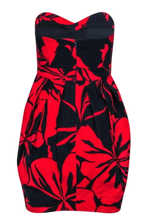 Shoshanna - Navy & Red Floral Print Cotton Strapless Dress Sz 2