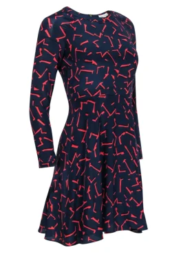 Shoshanna - Navy & Red Silk Printed Long Sleeve Mini Dress Sz 0