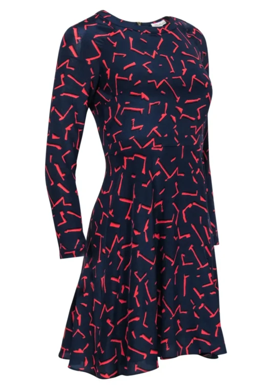 Shoshanna - Navy & Red Silk Printed Long Sleeve Mini Dress Sz 0
