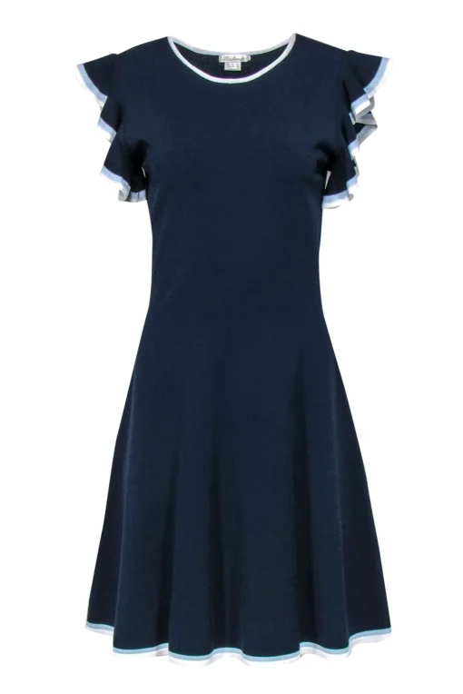 Shoshanna - Navy Knit Ruffled Sleeve Dress w/ Piping Sz L