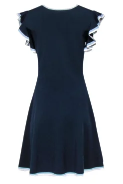 Shoshanna - Navy Knit Ruffled Sleeve Dress w/ Piping Sz L