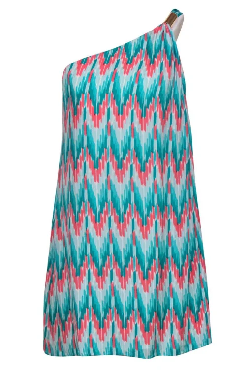 Shoshanna - Turquoise & Pink Abstract Print One Shoulder Shift Dress Sz 8