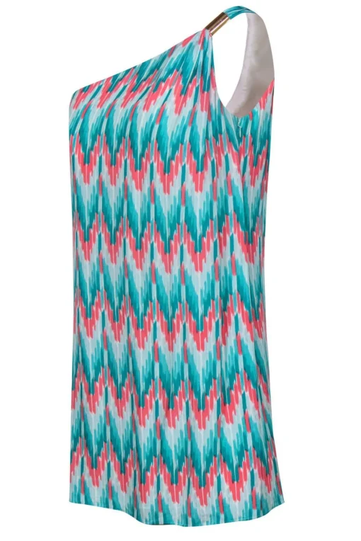 Shoshanna - Turquoise & Pink Abstract Print One Shoulder Shift Dress Sz 8