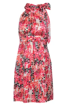 Shoshanna - White & Pink Printed Satin Tied Neck Dress Sz 0