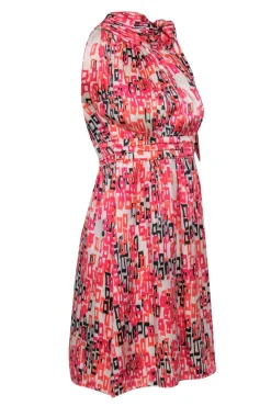 Shoshanna - White & Pink Printed Satin Tied Neck Dress Sz 0