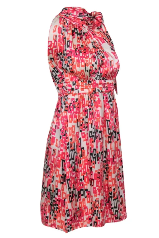 Shoshanna - White & Pink Printed Satin Tied Neck Dress Sz 0