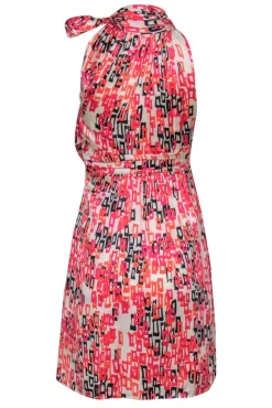 Shoshanna - White & Pink Printed Satin Tied Neck Dress Sz 0