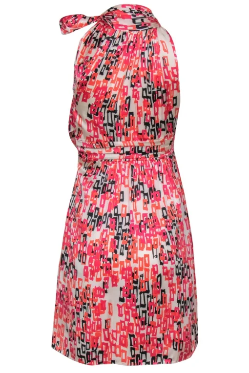 Shoshanna - White & Pink Printed Satin Tied Neck Dress Sz 0