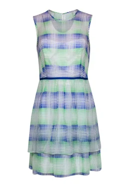 Shoshanna - White, Blue & Neon Green Grid Pattern Silk Dress Sz 6