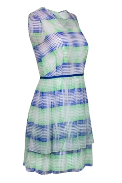 Shoshanna - White, Blue & Neon Green Grid Pattern Silk Dress Sz 6