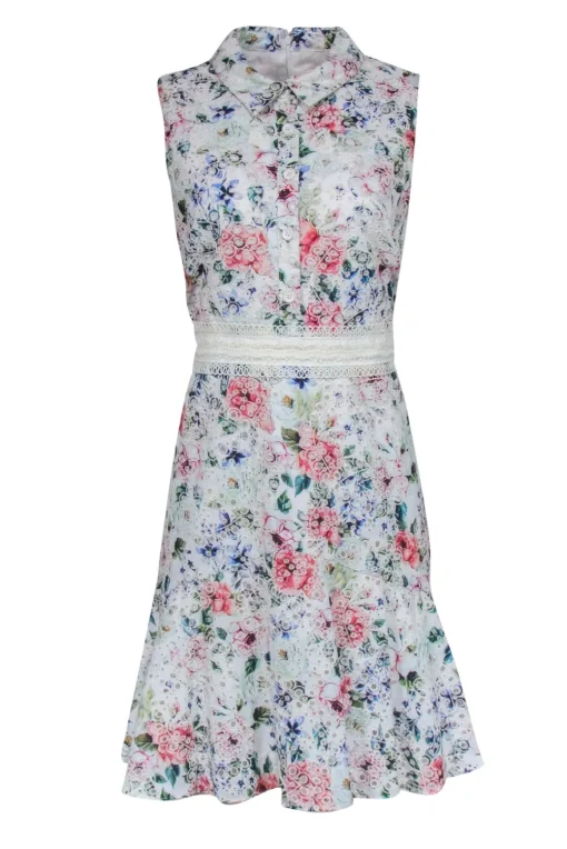Shoshanna - White Floral & Eyelet Embroidered Collared Shirtdress w/ Lace Belt