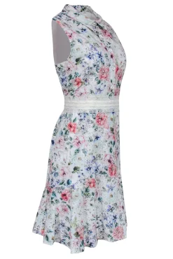 Shoshanna - White Floral & Eyelet Embroidered Collared Shirtdress w/ Lace Belt