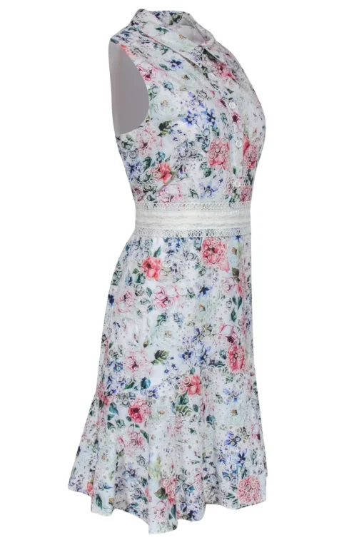 Shoshanna - White Floral & Eyelet Embroidered Collared Shirtdress w/ Lace Belt