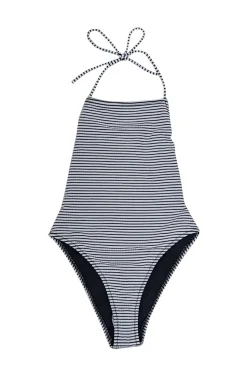 Solid & Striped - White & Black Striped Seersucker One Piece Bathing Suit Sz S