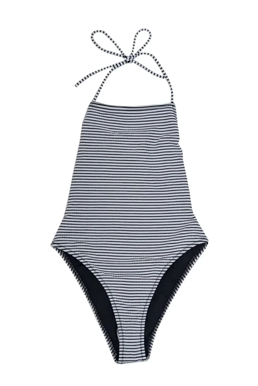 Solid & Striped - White & Black Striped Seersucker One Piece Bathing Suit Sz S