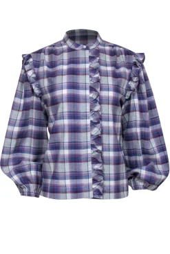 Something Navy - Purple, White & Maroon Plaid Balloon Sleeve Ruffled Flannel Sz S
