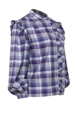 Something Navy - Purple, White & Maroon Plaid Balloon Sleeve Ruffled Flannel Sz S