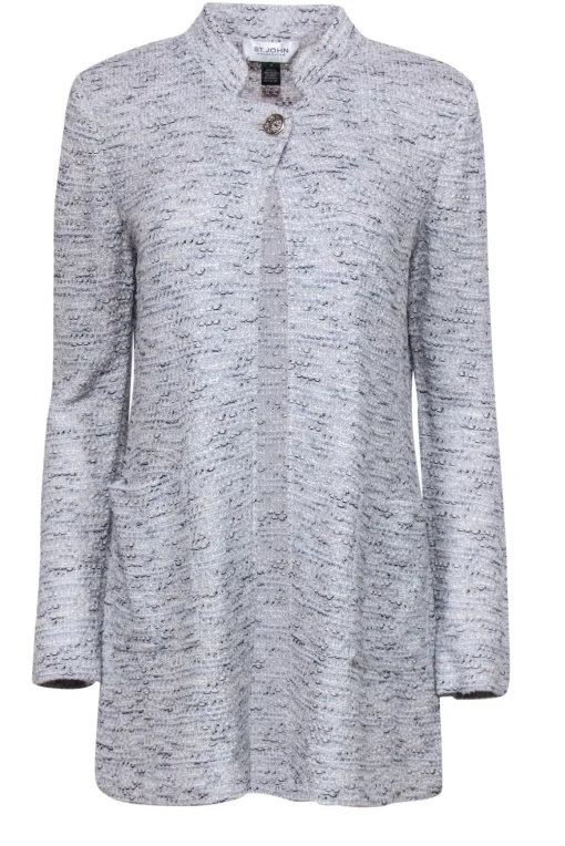 St. John - Baby Blue & Cream Woven Knit Longline Jacket w/ Single Button Sz 10