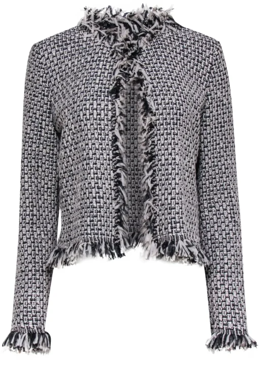 St. John - Beige & Black Woven Jacket w/ Fringe Trim Sz 8