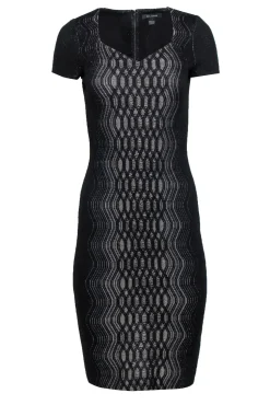 St. John - Black & Silver Metallic Midi Dress w/ Geometric Design Sz 2