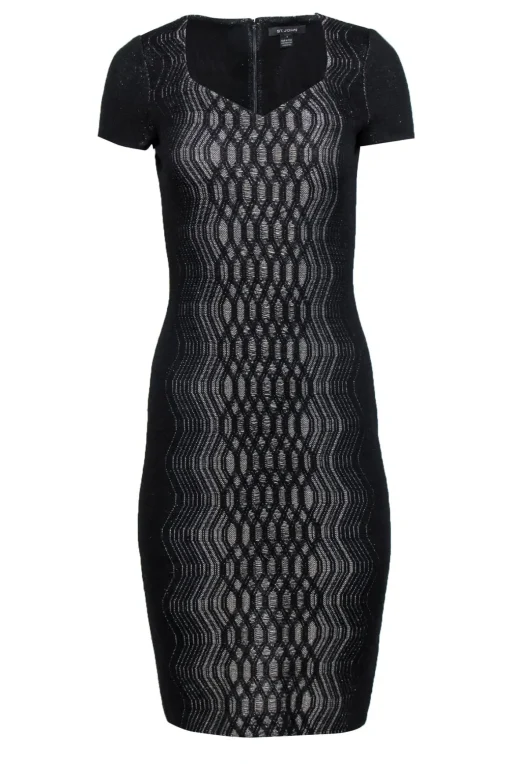 St. John - Black & Silver Metallic Midi Dress w/ Geometric Design Sz 2