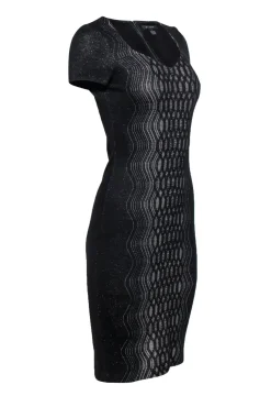 St. John - Black & Silver Metallic Midi Dress w/ Geometric Design Sz 2