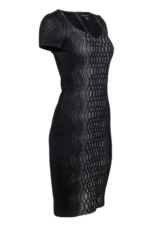 St. John - Black & Silver Metallic Midi Dress w/ Geometric Design Sz 2
