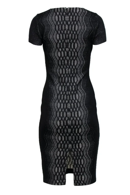 St. John - Black & Silver Metallic Midi Dress w/ Geometric Design Sz 2