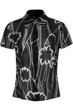 St. John - Black & White Floral Print Short Sleeve Button-Up Sheer Blouse Sz S