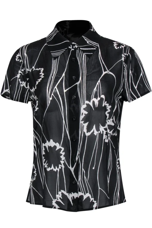 St. John - Black & White Floral Print Short Sleeve Button-Up Sheer Blouse Sz S