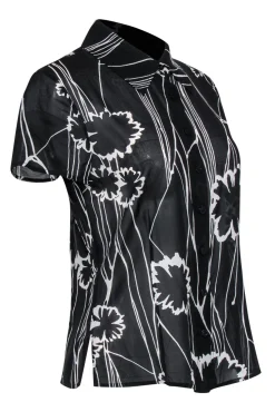St. John - Black & White Floral Print Short Sleeve Button-Up Sheer Blouse Sz S