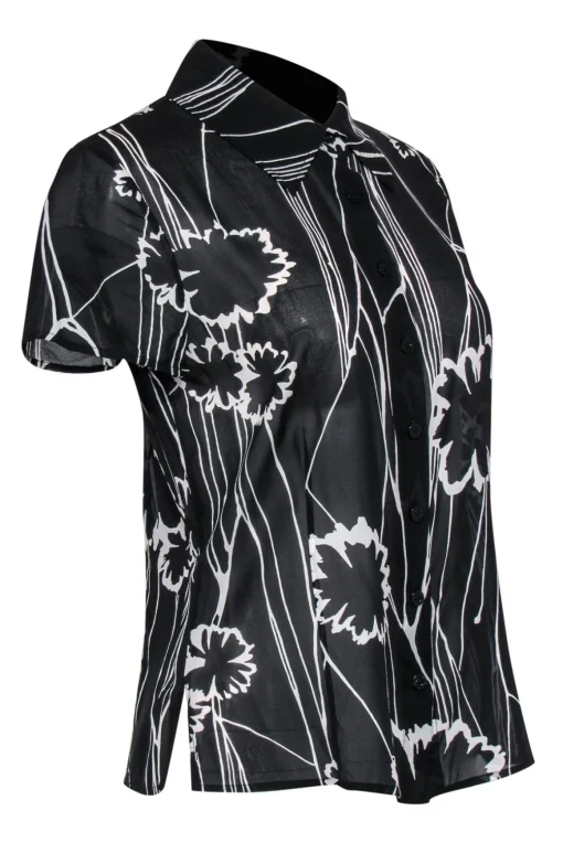 St. John - Black & White Floral Print Short Sleeve Button-Up Sheer Blouse Sz S