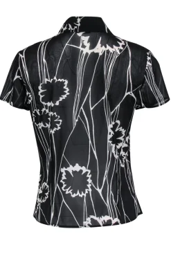 St. John - Black & White Floral Print Short Sleeve Button-Up Sheer Blouse Sz S