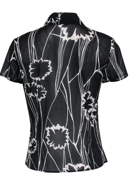 St. John - Black & White Floral Print Short Sleeve Button-Up Sheer Blouse Sz S