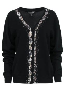 St. John - Black Cashmere Cardigan w/ Printed Silk Trim Sz XL