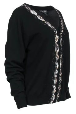 St. John - Black Cashmere Cardigan w/ Printed Silk Trim Sz XL