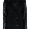 St. John - Black Double Breasted Wool Blend Jacket w/ Leather Sleeves Sz 8