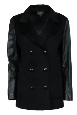 St. John - Black Double Breasted Wool Blend Jacket w/ Leather Sleeves Sz 8