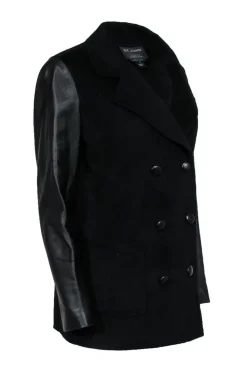 St. John - Black Double Breasted Wool Blend Jacket w/ Leather Sleeves Sz 8