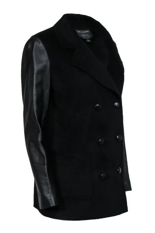 St. John - Black Double Breasted Wool Blend Jacket w/ Leather Sleeves Sz 8