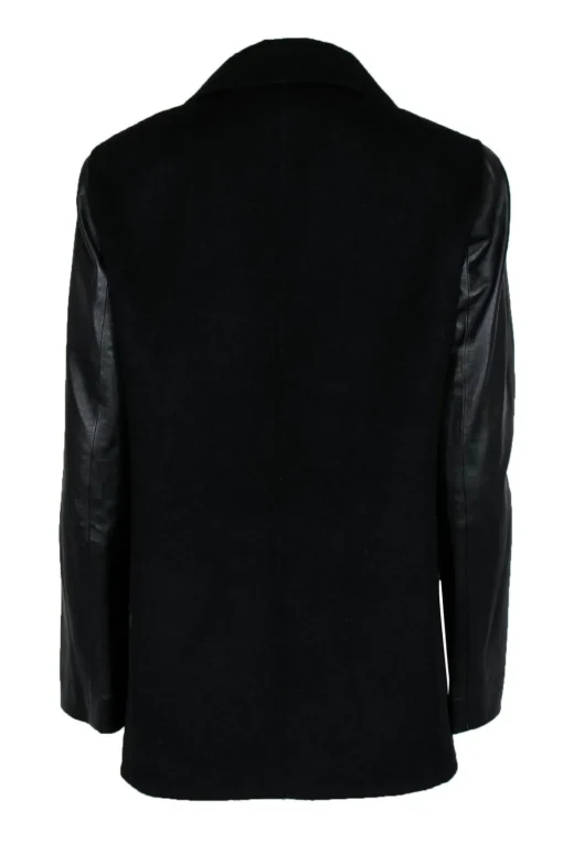 St. John - Black Double Breasted Wool Blend Jacket w/ Leather Sleeves Sz 8