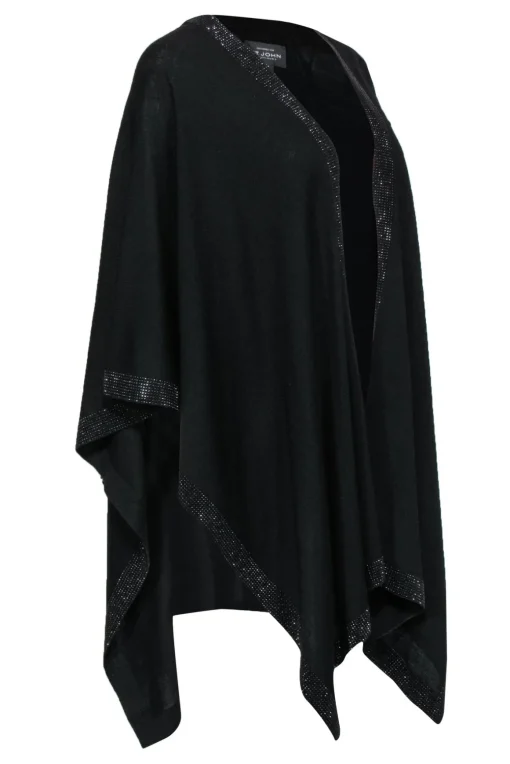St. John - Black Knit Open Poncho w/ Jeweled Trim OS