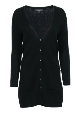 St. John - Black Ribbed Knit Longline Cardigan w/ Buttons Sz M