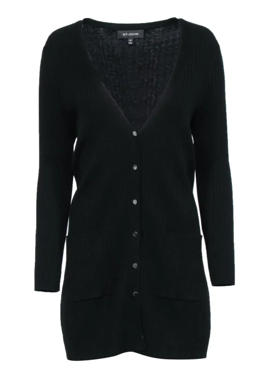 St. John - Black Ribbed Knit Longline Cardigan w/ Buttons Sz M