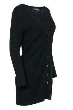 St. John - Black Ribbed Knit Longline Cardigan w/ Buttons Sz M