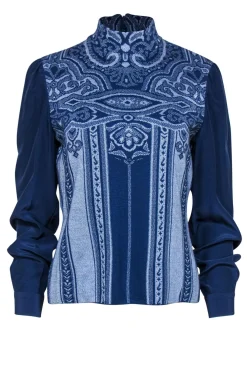 St. John - Blue Printed Long Sleeve Mock Neck Sweater Sz M