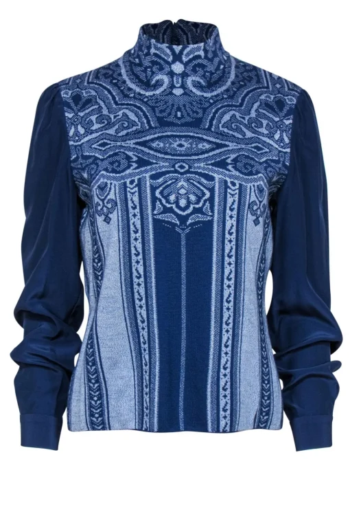 St. John - Blue Printed Long Sleeve Mock Neck Sweater Sz M